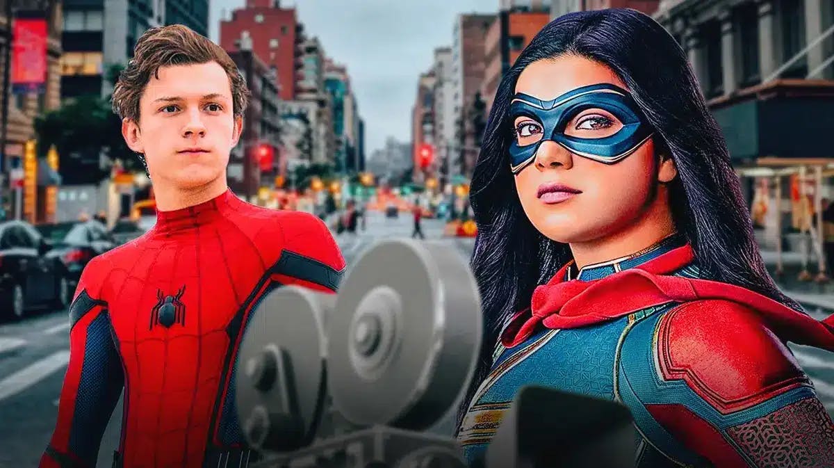 Tom Holland as MCU Spider-Man and Iman Vellani as Ms. Marvel with New York City background.
