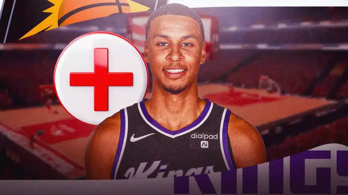 Keegan Murray with both the Kings and Suns logos in the background; also include an injury red cross