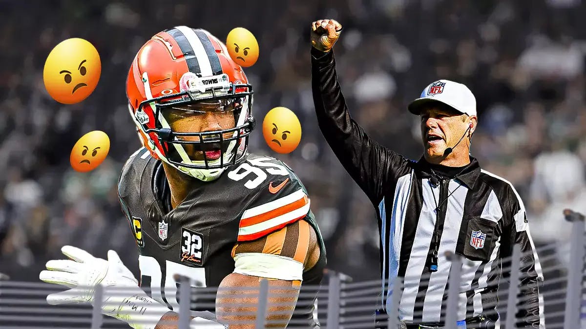Myles Garrett with angry emojis looking at an NFL referee