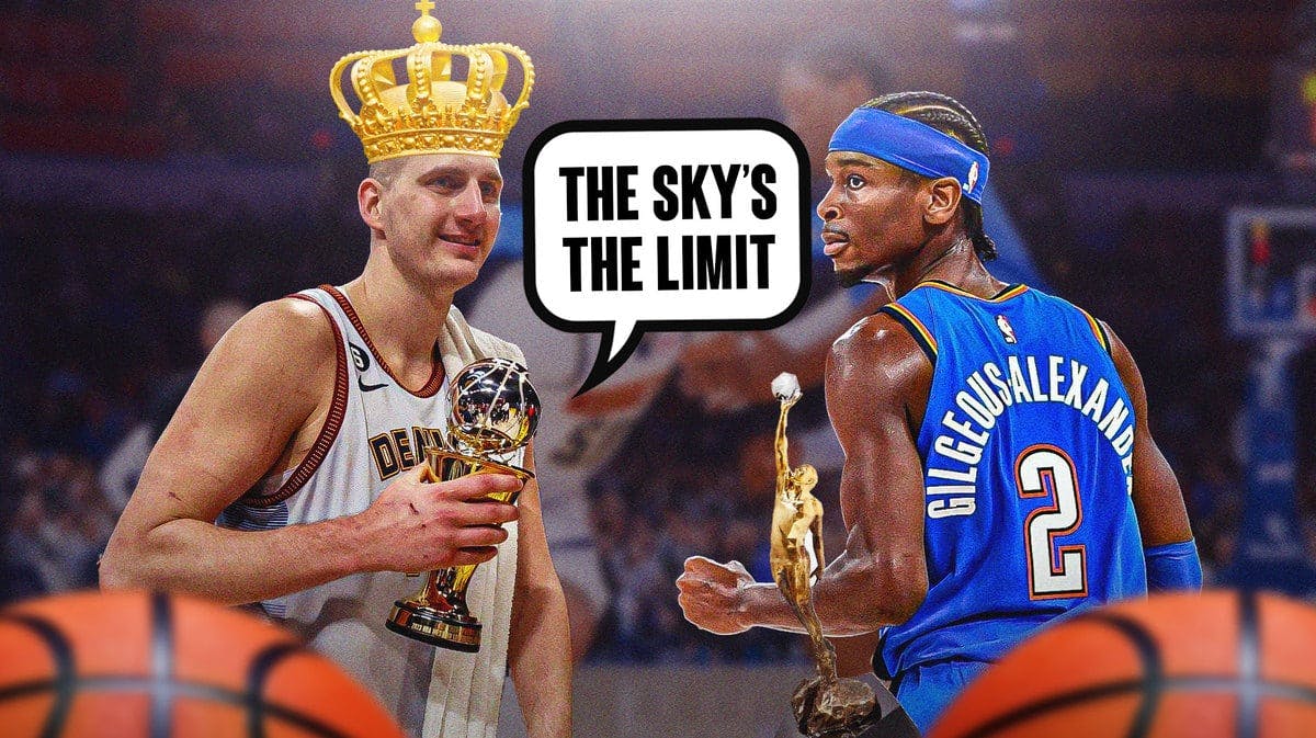Nikola Jokic saying "The sky's the limit" to Shai Gilgeous-Alexander while holding the NBA MVP trophy