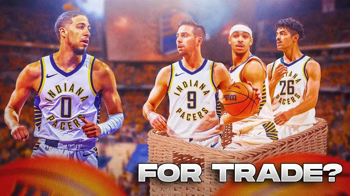 Pacers' Tyrese Haliburton looking on, with TJ McConnell, Andrew Nembhard, and Ben Sheppard all in a basket with the label: “FOR TRADE?”