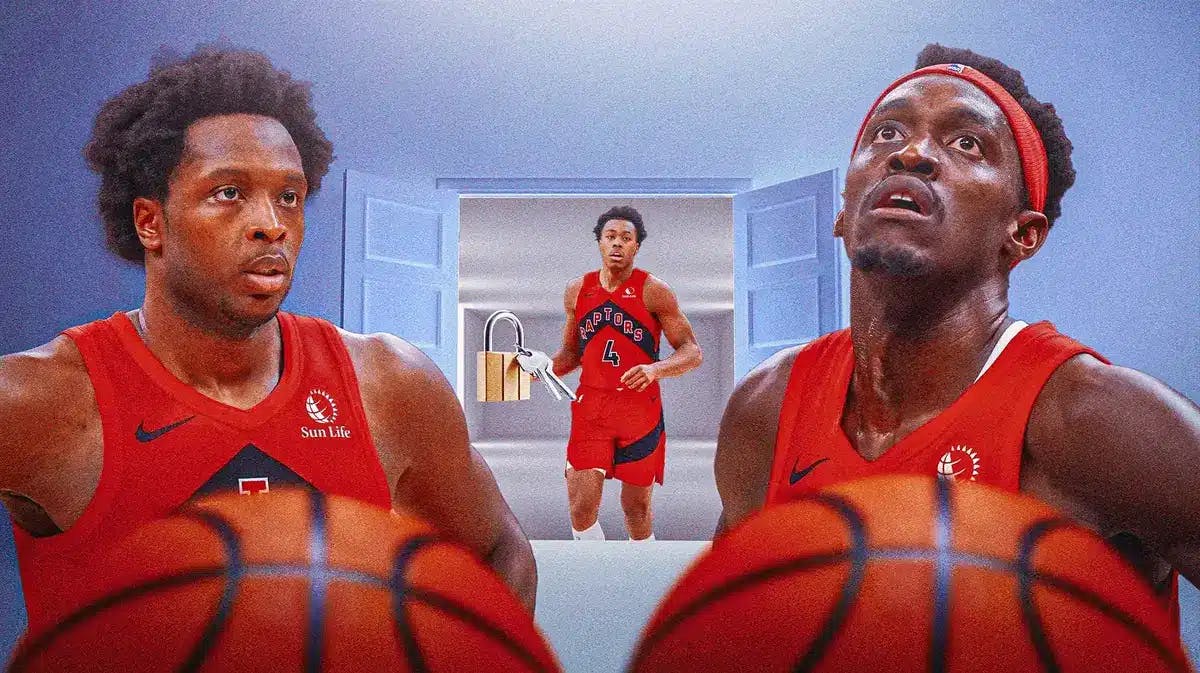 Photo: OG Anunoby Pascal Siakam with an open door behind him, Scottie Barnes on other side with a lock above him, all in Raptors jerseys
