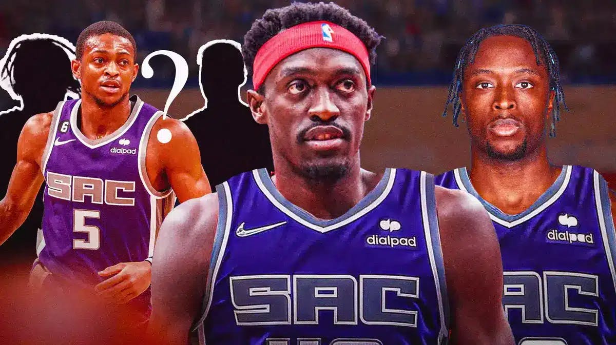 Raptors' Pascal Siakam, OG Anunoby in Kings uniforms, with De’Aaron Fox looking on with question marks around him with silhouettes of Keegan Murray and Davion Mitchell behind Fox
