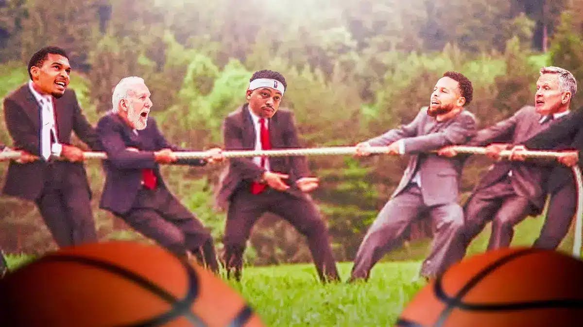Spurs' Victor Wembanyama and Gregg Popovich playing tug-o-war with Warriors' Stephen Curry and Steve Kerr, with Keldon Johnson in the middle of the rope
