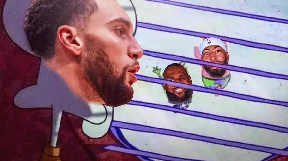 Zach LaVine as Squidward in the Squidward window meme, with Anthony Davis and LeBron James as Patrick and SpongeBob, respectively