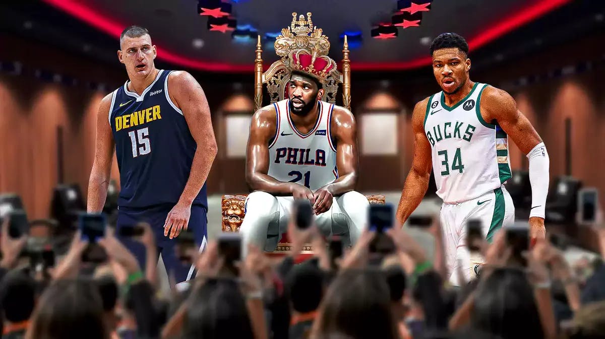 Joel Embiid sitting on a throne with Nikola Jokic and Giannis Antetokounmpo by his side