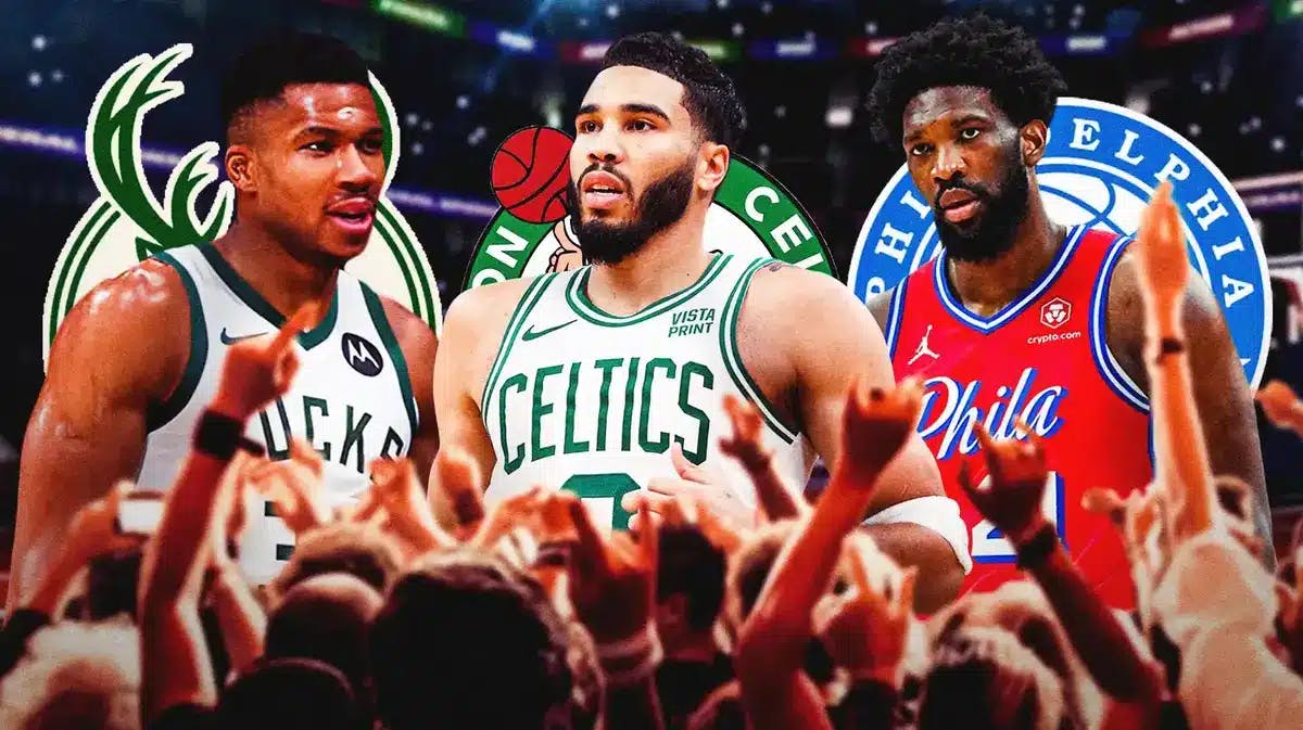 Giannis Antetokounmpo, Jayson Tatum and Joel Embiid with fans cheering