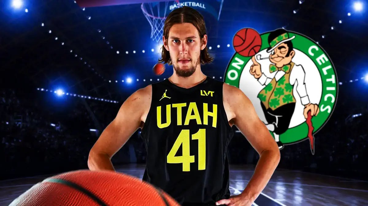 Kelly Olynyk on a basketball court background (with a Utah Jazz jersey) next to a Celtics logo