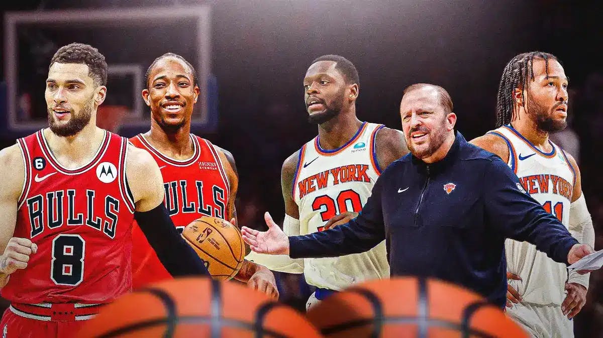 Bulls' Zach LaVine and DeMar DeRozan next to Knicks' Tom Thibodeau, Julius Randle, and Jalen Brunson