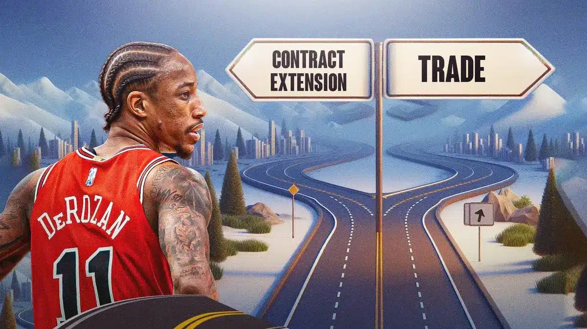 Bulls' DeMar DeRozan in front with his back turned towards viewer. Have him facing two different paths. One path that reads: Contract extension The other path reads: Trade