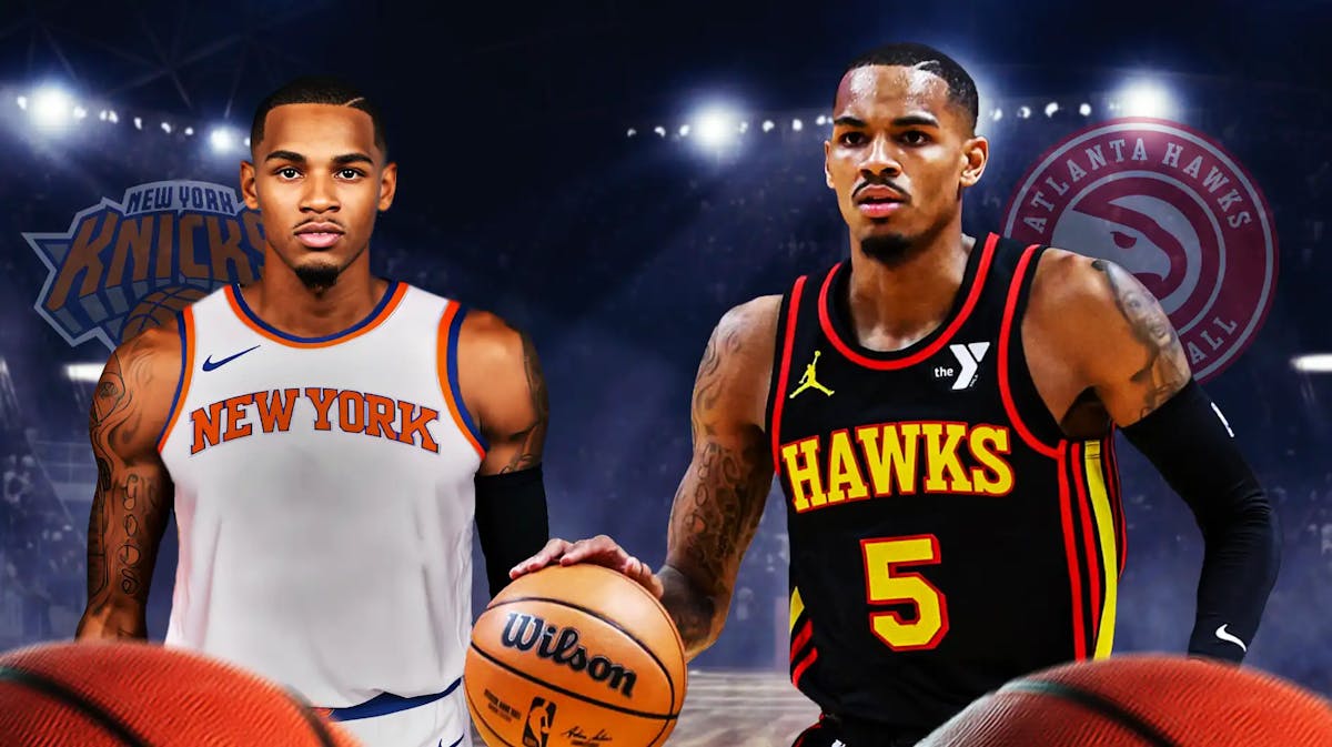 A double image of Dejounte Murray, one of him in his Hawks jersey and another of him in a Knicks jersey, trade