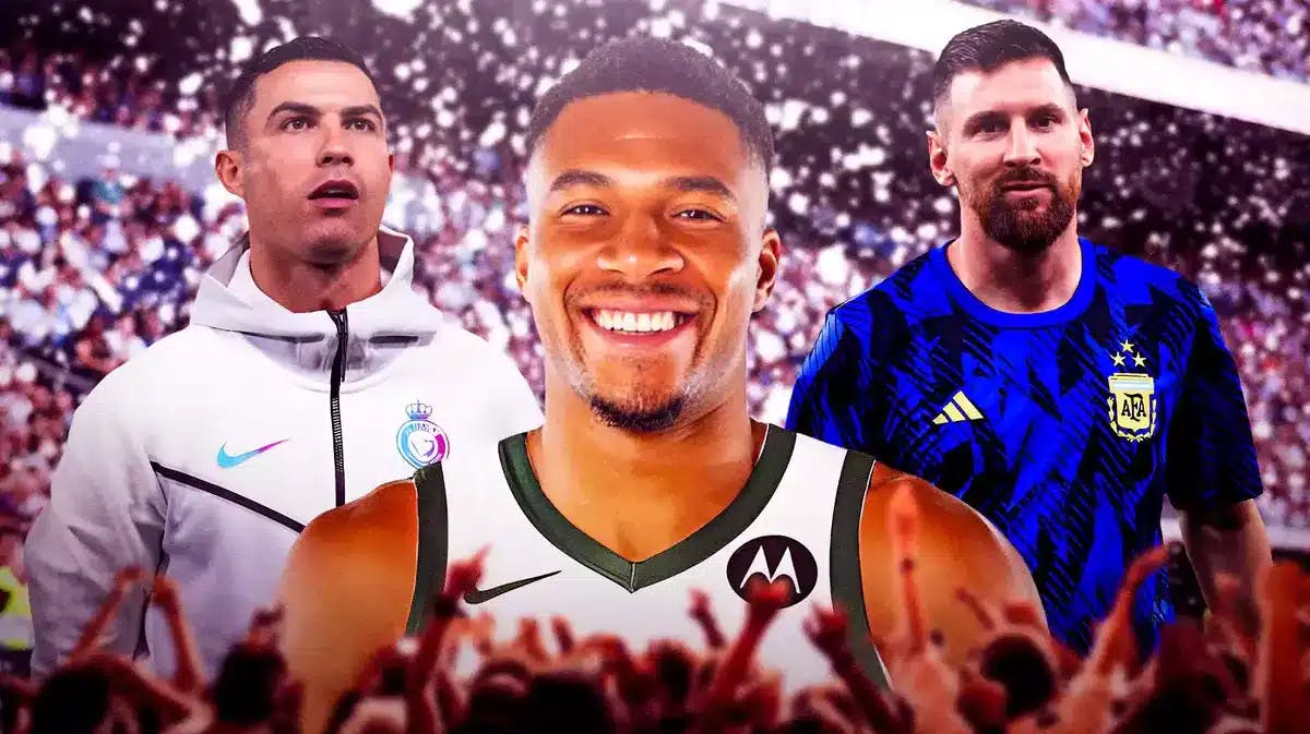 Giannis Antetokounmpo in the middle, Cristiano Ronaldo and Lionel Messi on the sides