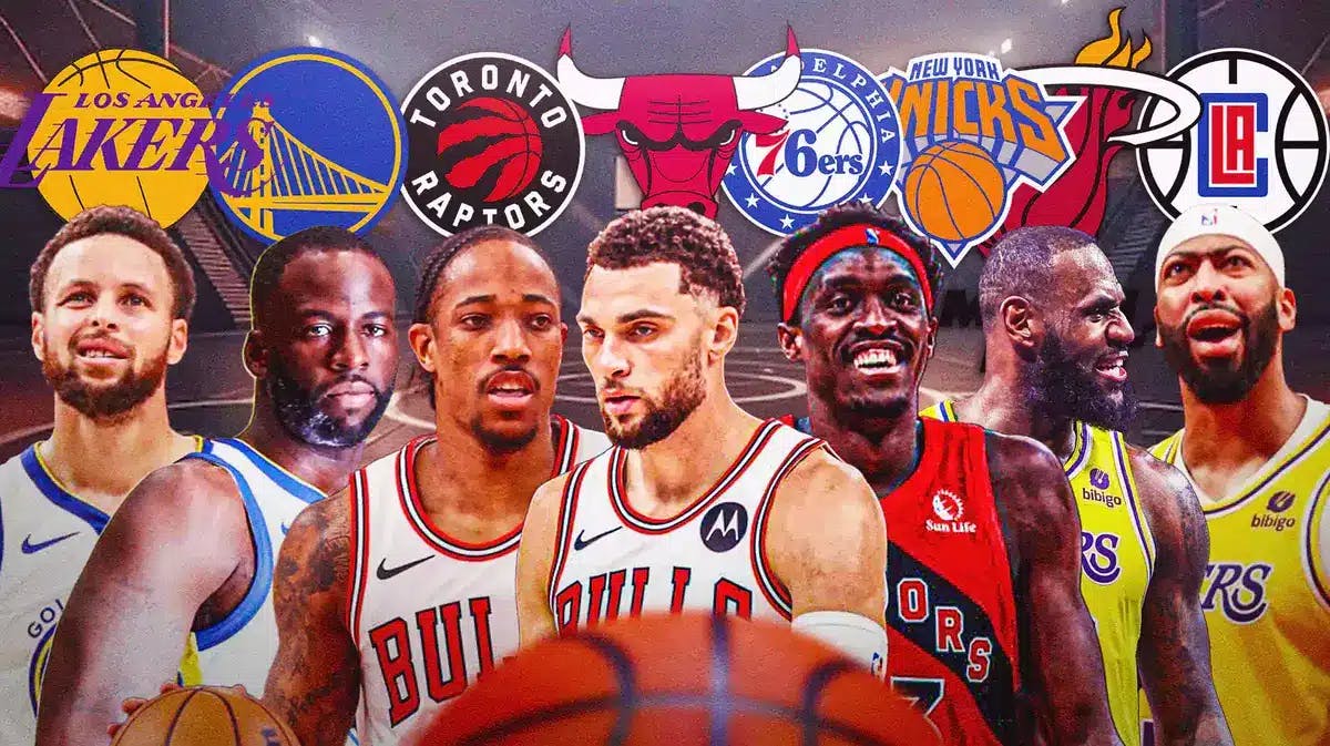 NBA trade rumors for Zach LaVine, DeMar DeRozan, Pascal Siakam, and Warriors with multiple NBA logos above them