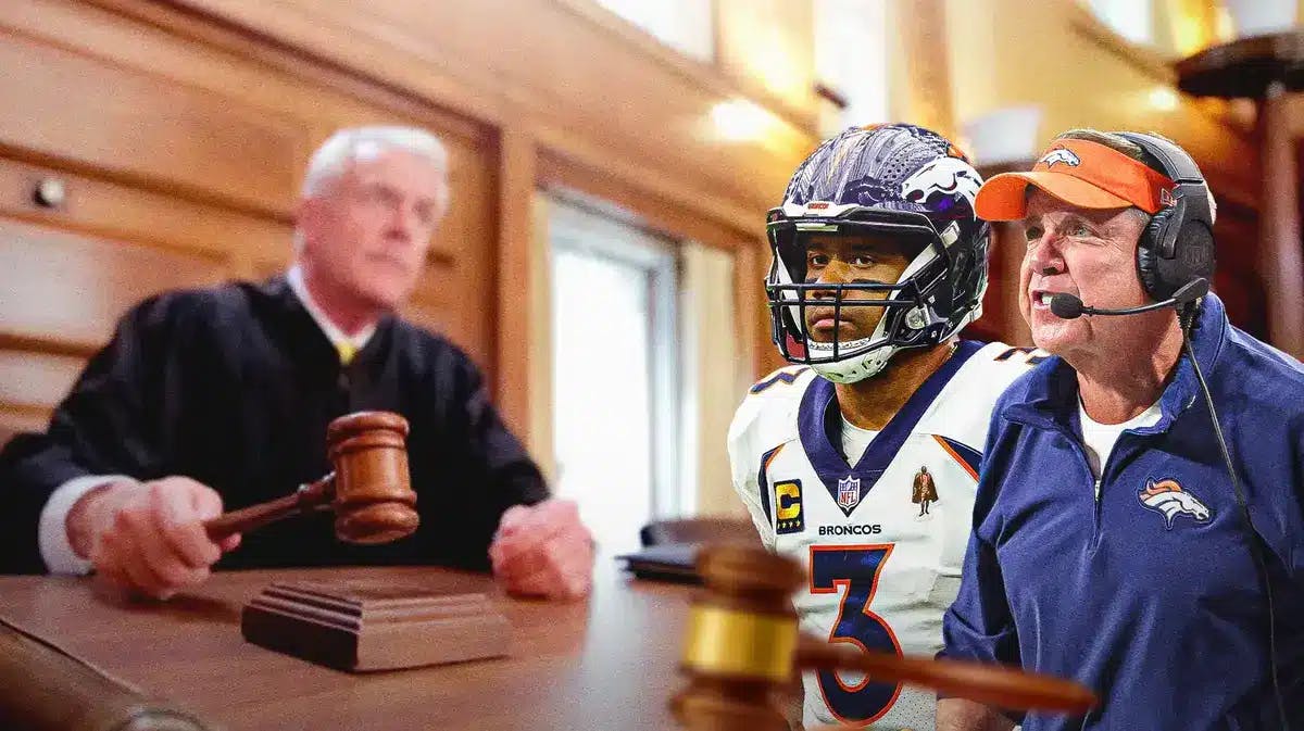 Broncos' Russell Wilson and Sean Payton next to a judge after the NFLPA sent a letter to the team about the QB's contract.