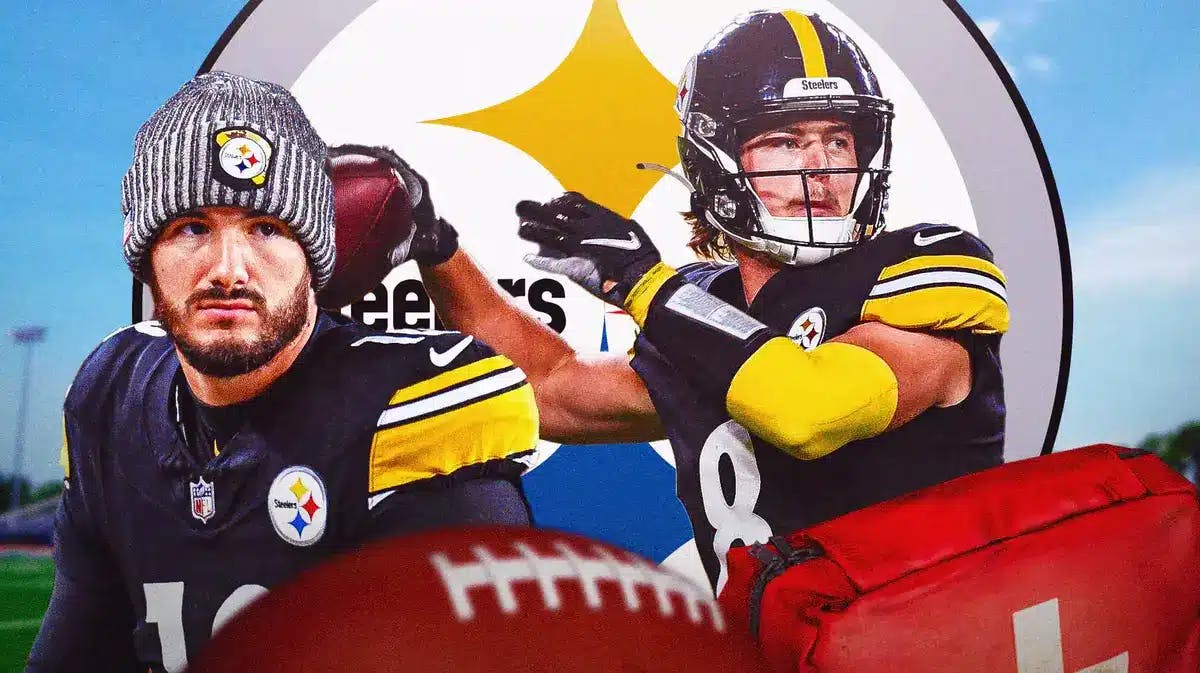 Kenny Pickett in middle of image looking stern, first aid kit in image, Mitch Trubisky in image, PIT Steelers logo, football field in background