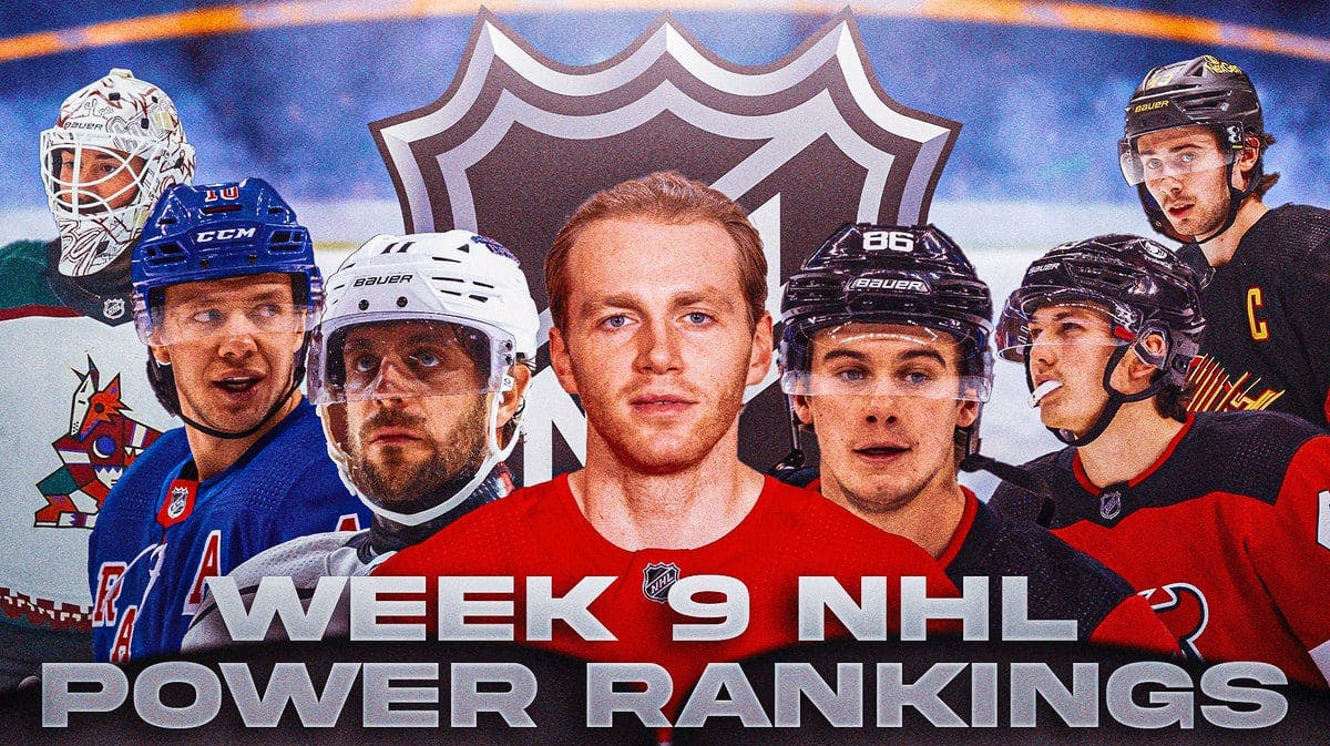 Patrick Kane in middle in a Detroit Red Wings jersey, three players on each side of him (Jack Hughes, Luke Hughes and Quinn Hughes on one side, Connor Ingram, Anze Kopitar and Artemi Panarin on other side, NHL hockey rink in background, NHL logo, Week 9 NHL Power Rankings