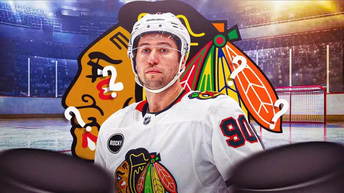 Tyler Johnson in middle of image looking stern, CHI Blackhawks logo in image, hockey rink in background, just a few question marks in image
