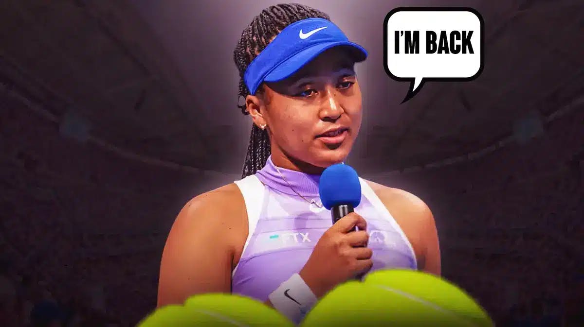 Photo: Naomi Osaka saying “I’m back” with a tennis court as background