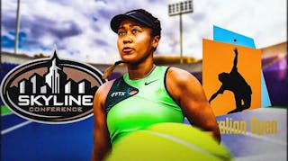 Naomi Osaka in her tennis gear, against a backdrop of the Melbourne skyline and the Australian Open logo