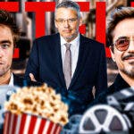 Robert Pattinson, Adam McKay, and Robert Downey Jr. with Netflix logo.