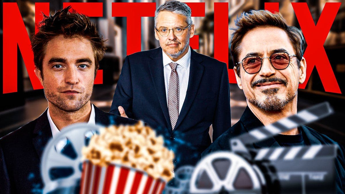 Robert Pattinson, Adam McKay, and Robert Downey Jr. with Netflix logo.
