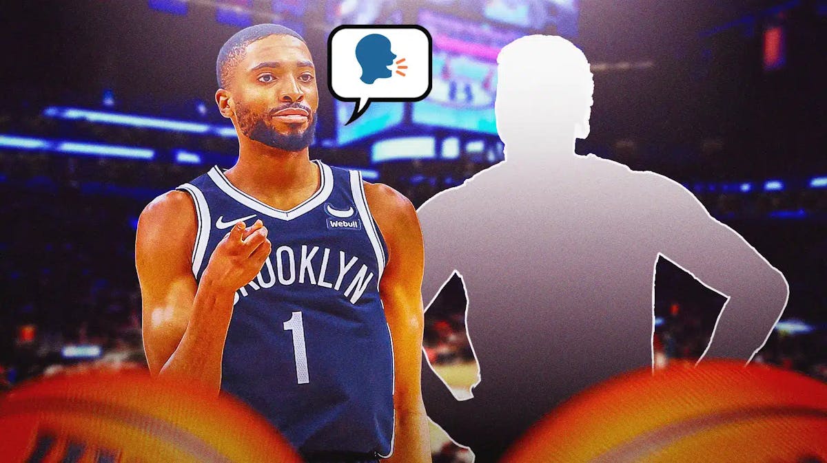 Nets' Mikal Bridges with a talking head emoji inside a quote bubble and a silhouette of Dennis Smith Jr.