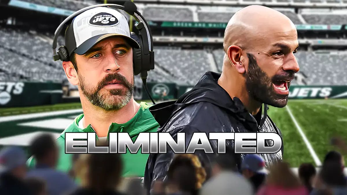 New York Jets' Aaron Rodgers and Robert Saleh and text graphic on bottom of image “Eliminated”