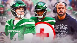 Trevor Siemian (Jets) on left side of graphic with Robert Saleh and Zach Wilson on the right side. Put medical symbol next to Zach Wilson.