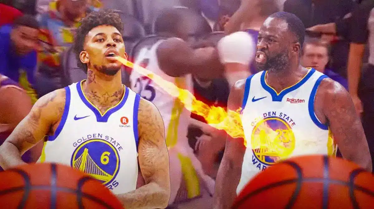 Photo: Nick Young breathing fire at Draymond Green in Warriors jersey, in background, Draymond slapping Jusuf Nurkic from Tuesday