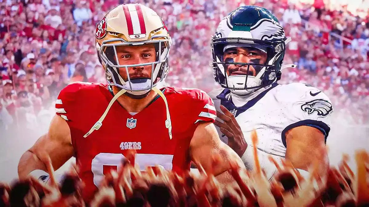 Photo: Nick Bosa in Niners uniform next to Jalen Hurts in Eagles uniform, with Niners fans in the back