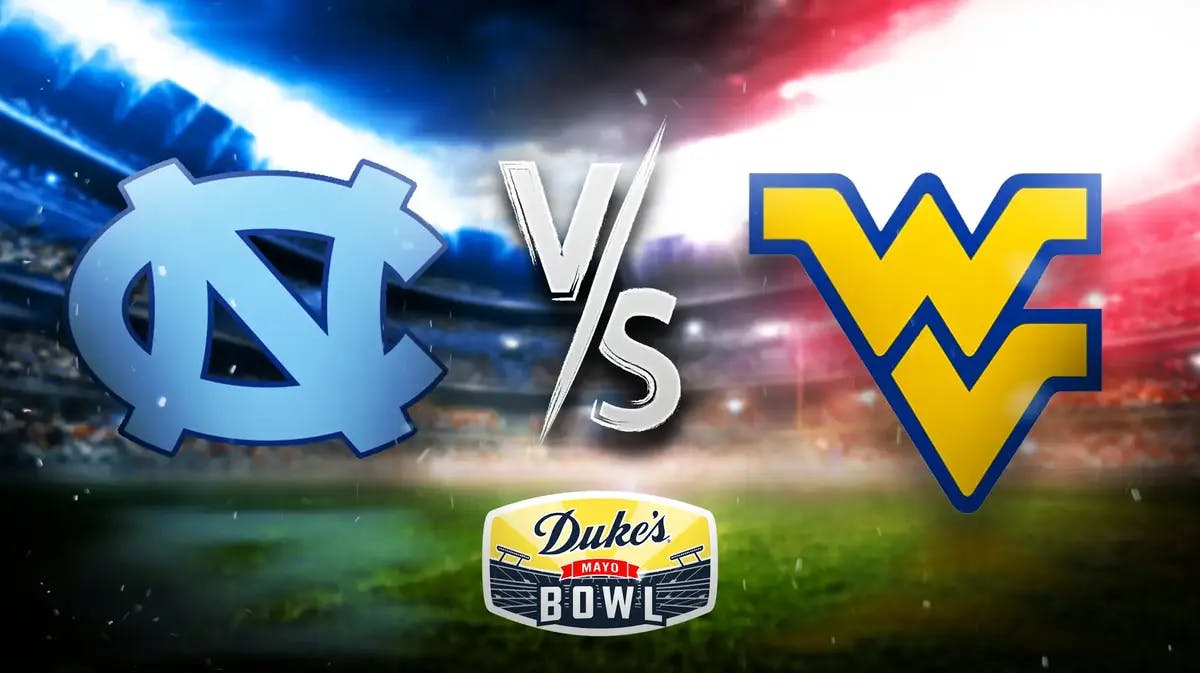 Photo: North Carolina vs West Virginia football logos, Duke Mayo Bowl logo in background