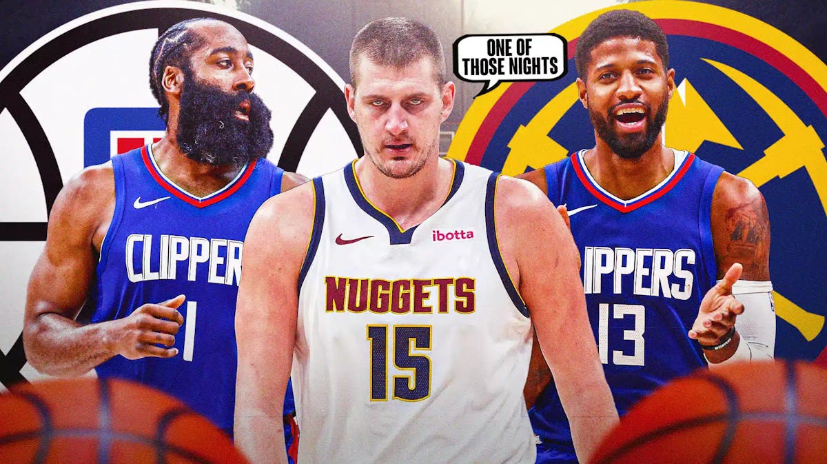 Nikola Jokic in middle of image looking stern with speech bubble: “One of those nights” , James Harden and Paul George on either side looking happy, DEN Nuggets and LA Clippers logos, basketball court in background