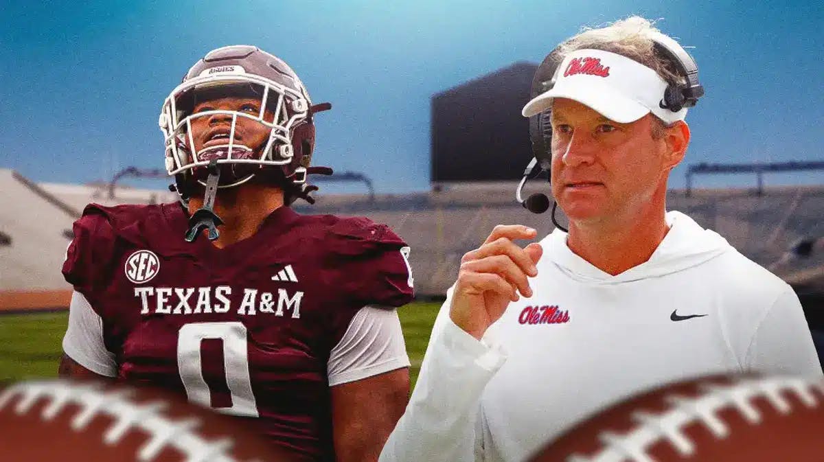 Walter Nolen in Texas A&M uniform and image of Ole Miss coach Lane Kiffin