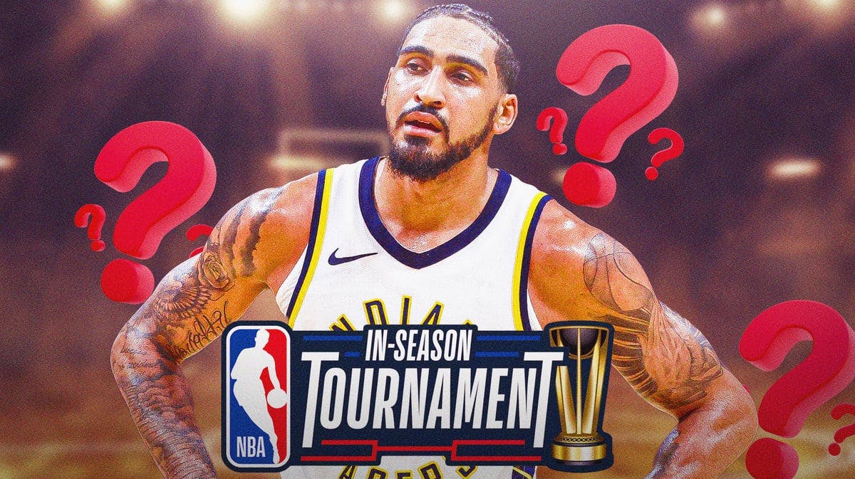 Pacers' Obi Toppin with question marks and NBA In-Season Tournament logo