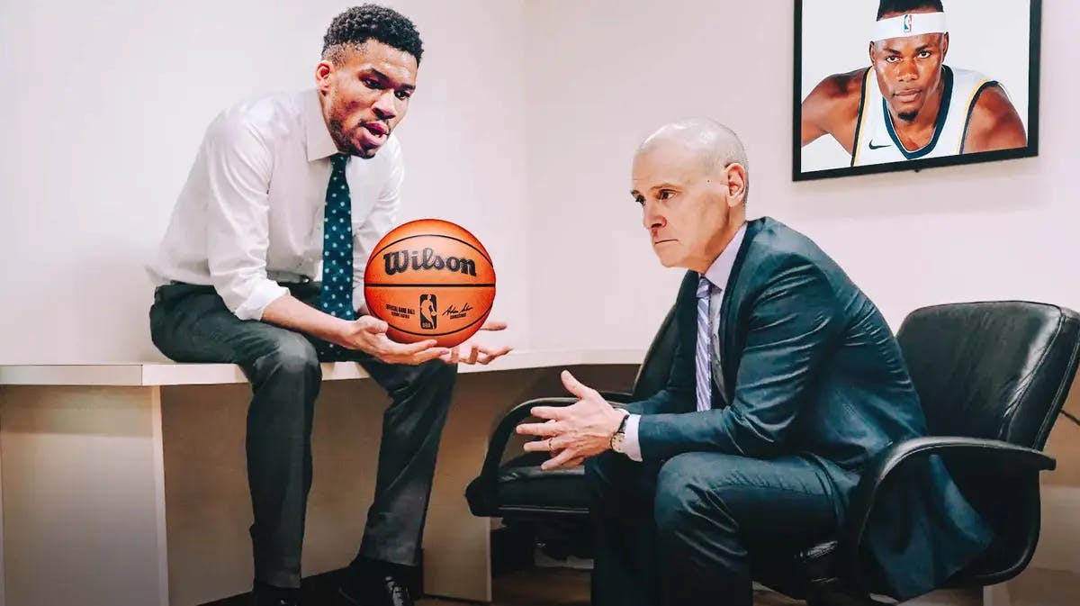 Giannis Antetokounmpo (Bucks) guy on left and HOLDING A BALL, Rick Carlisle (Pacers) as guy on right