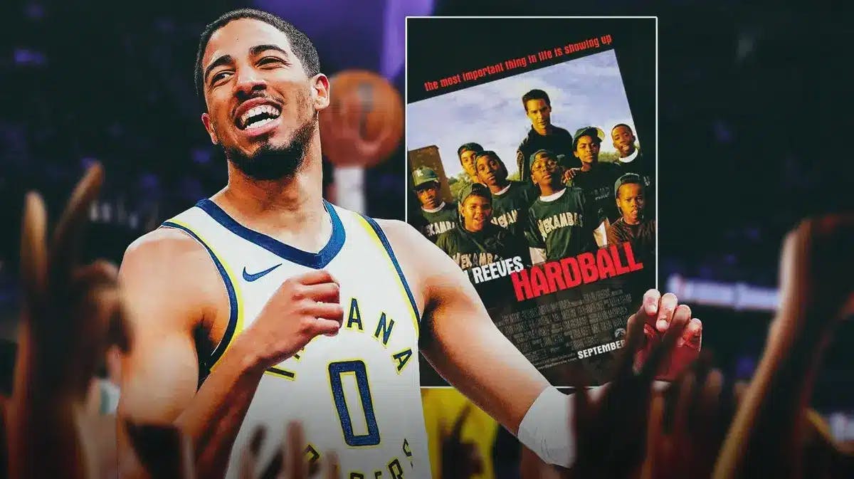 Tyrese Haliburton happy. Hardball movie poster with Keanu Reeves and the kids in the background.