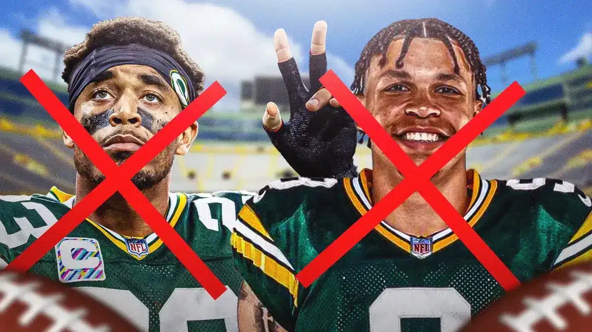 Photo: Christian Watson, Jaire Alexander in Packers jerseys with an X throuh them