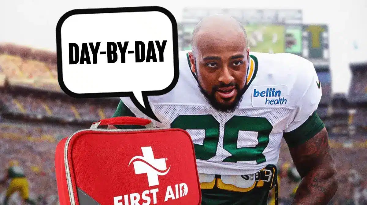 Green Bay Packers' AJ Dillon and speech bubble “Day-By-Day” with medical cross logos around him