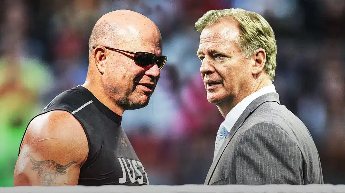 Roger Goodell (NFL commish) and David Tepper (Panthers owner) as The Rock and Triple H staring each other down