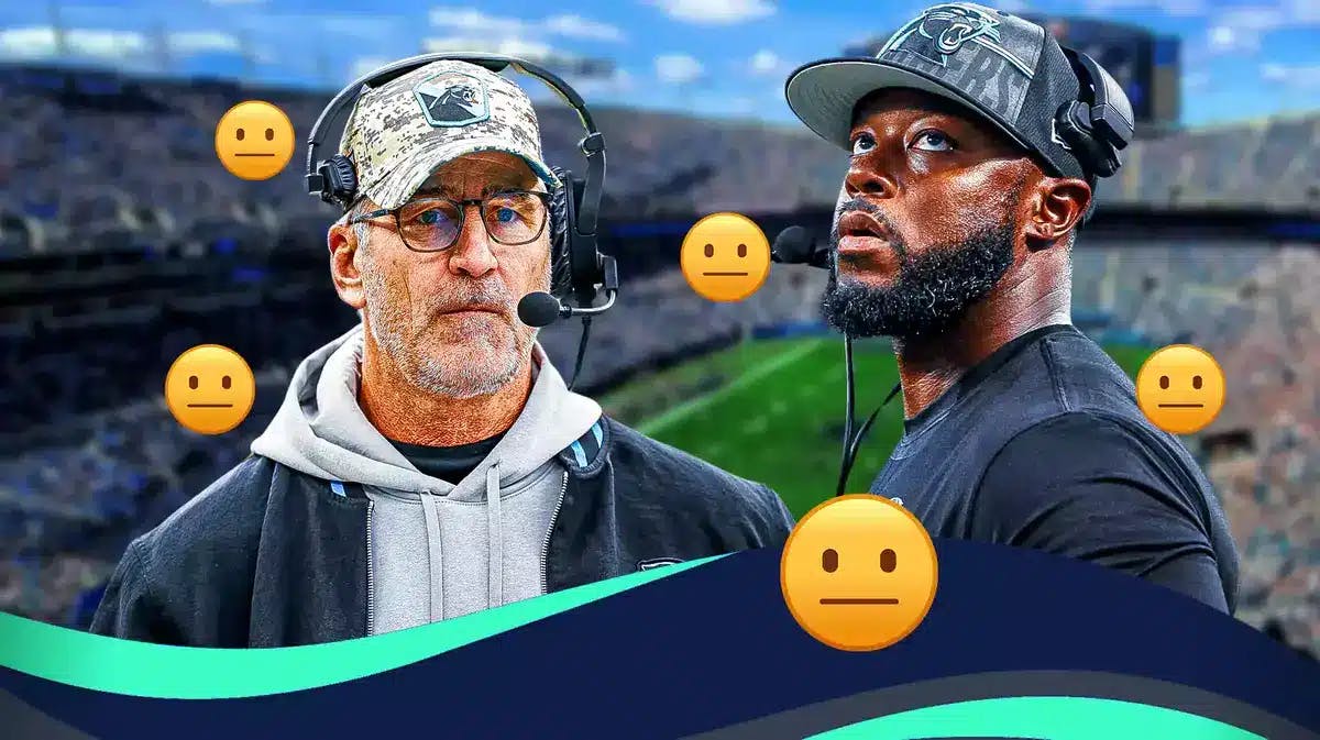 Carolina Panthers' offensive coordinator Thomas Brown and ex-coach Frank Reich (in Panthers gear) and expressionless emojis surrounding them.