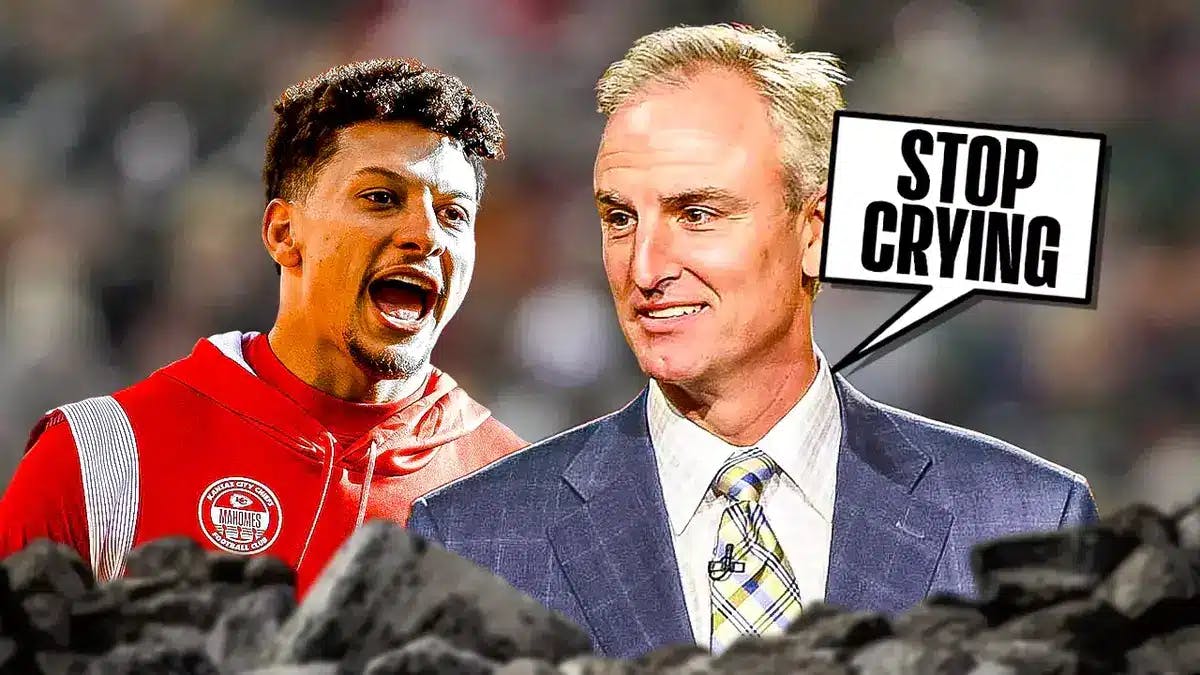 Sports personality Trey Wingo and speech bubble “Stop Crying” and KC Chiefs QB Patrick Mahomes.
