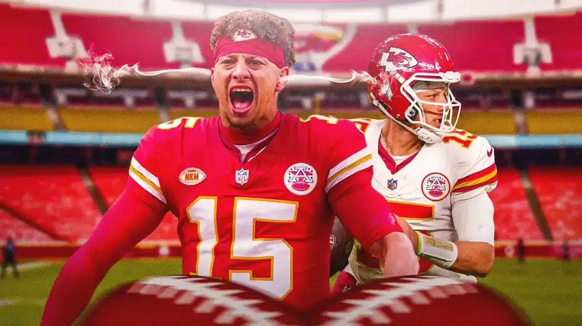 Chiefs' Patrick Mahomes with smoke coming out of his ears looking angry.