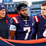 Bill Belichick looking sad with Bailey Zappe and JuJu Smith-Schuster
