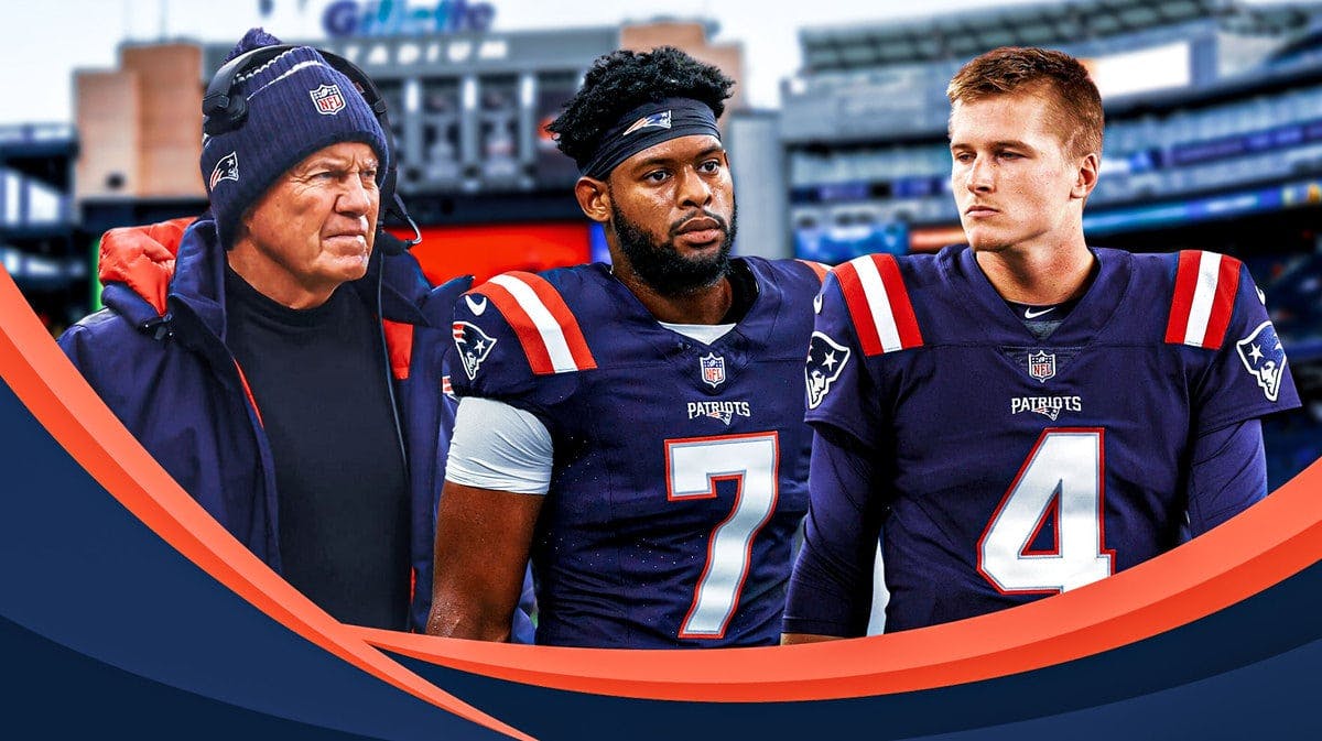 Bill Belichick looking sad with Bailey Zappe and JuJu Smith-Schuster