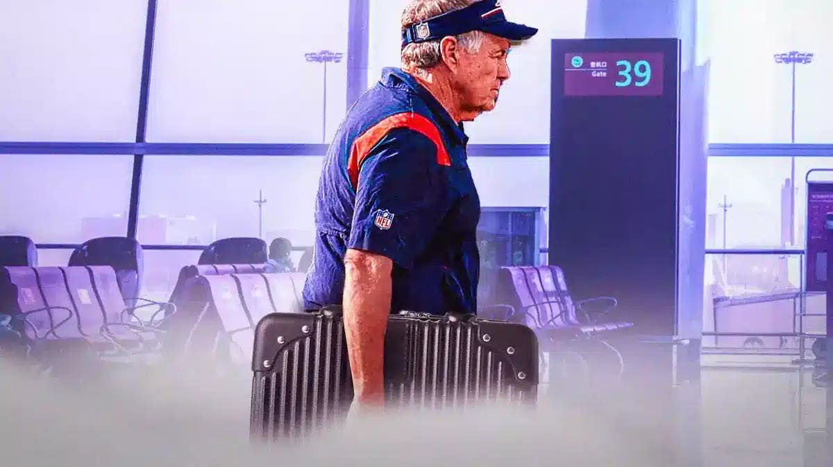 Patriots' Bill Belichick holding a suitcase at an airport.