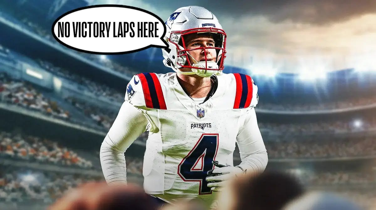Patriots quarterback Bailey Zappe with quote bubble saying "No victory laps here"