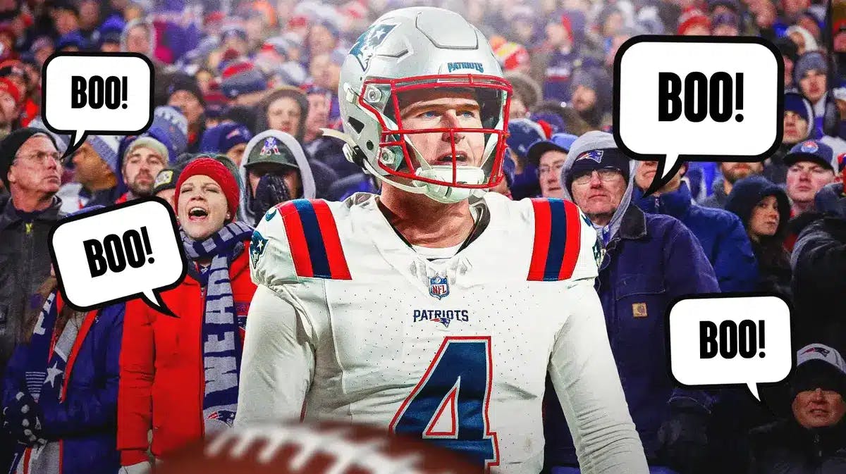 New England Patriots QB Bailey Zappe and Patriots fans booing him (images of fans and speech bubbles with “Boo!” as well please.)