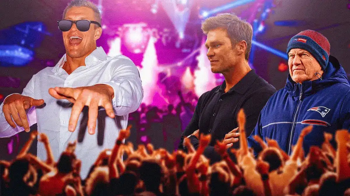 Rob Gronkowski wearing sunglasses and partying/dancing. Patriots' Tom Brady, Patriots' Bill Belichick looking at Gronkowski.