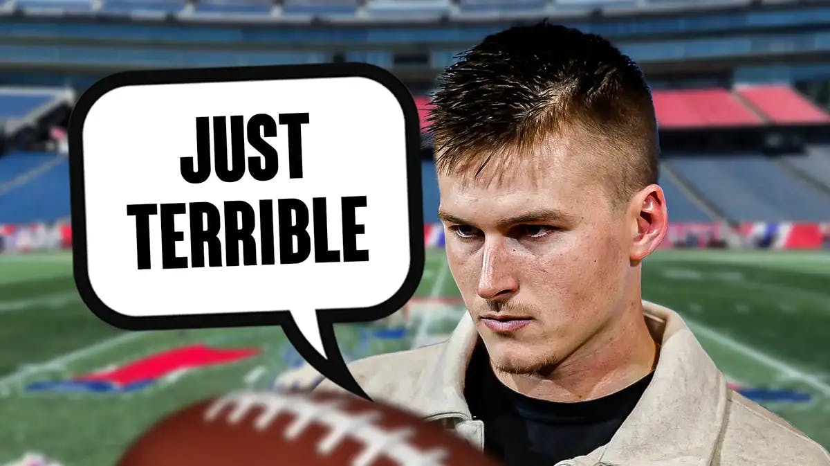 Patriots QB Bailey Zappe with quote bubble saying "just terrible."