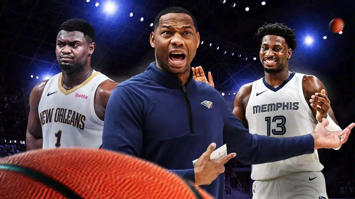 Pelicans' Willie Green in the middle, angry, with Zion Williamson on the left looking pissed off and Grizzlies' Jaren Jackson Jr. on the right laughing
